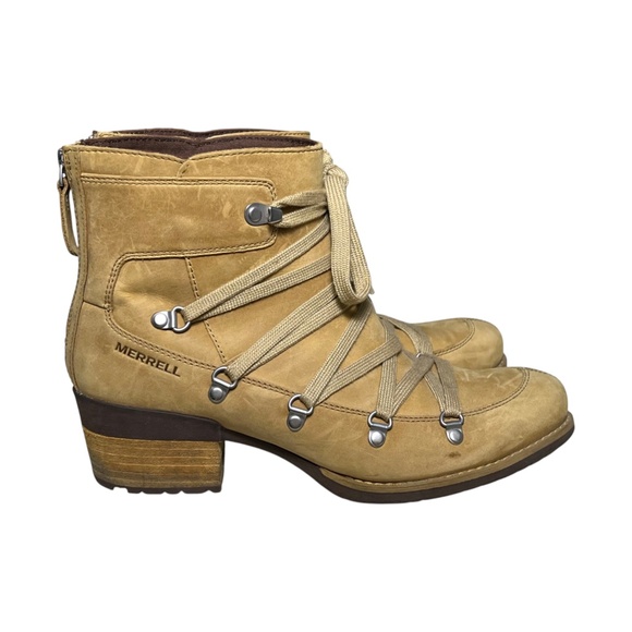 Merrell Women's Size 10 Shiloh II Boots Beige Leather Zip Booties Chunky Heels - Picture 1 of 13